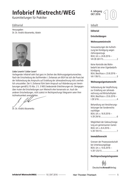 Infobrief zum Mietrecht/WEG - Kurzmitteilungen für Praktiker
